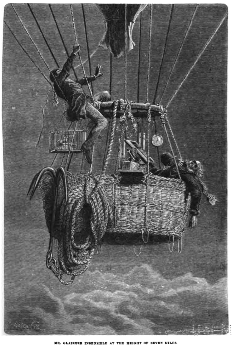 A black and white picture of a two men in a balloon, one of whom is unconcious, the other is climbing up out of the basket. Below the picture is the caption 'Mr Glaisher insensible at the hieght of seven miles'