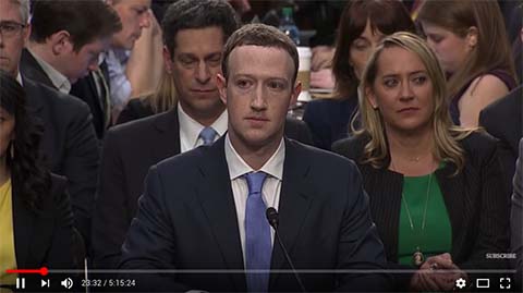 A screenshot from a youtube video of Mark Zuckerberg testifying to the US Congress