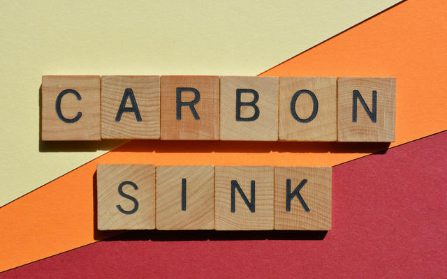 The words 'Carbon sink' in wooden characters
