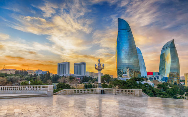 Tall buildings in Baku at sunset