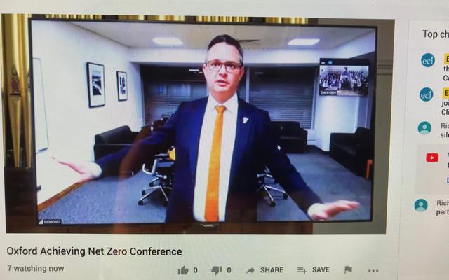A screenshot of the live stream of the New Zealand minister for climate change James Shaw speaking as part of the Oxford's Environmental Change Institute conference