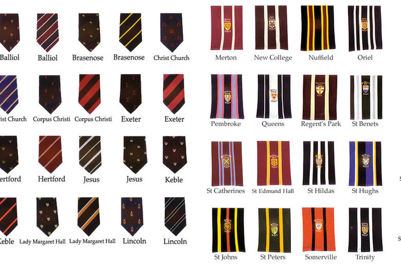 A montage of college scarves and ties available from Walters of Oxford