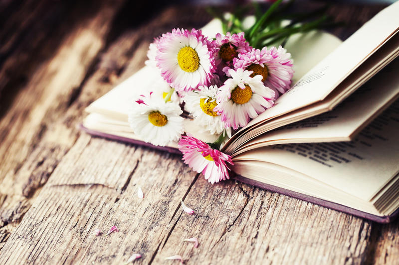 An open book with flowers on top to indicate Spring time