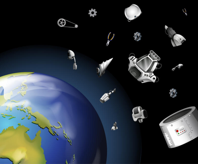 A stylised image of planet earth, seen from space, with many small objects flying around in a jumble of space junk