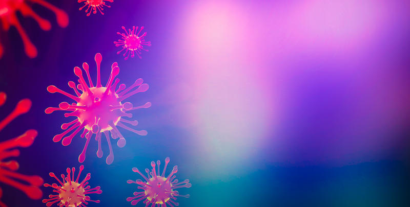 COVID virus shown in lurid purple colours