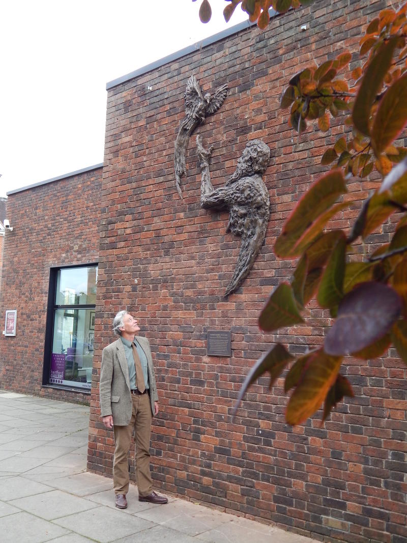 A man looking at a relief wall sculpture of Alfred Russel Wallace