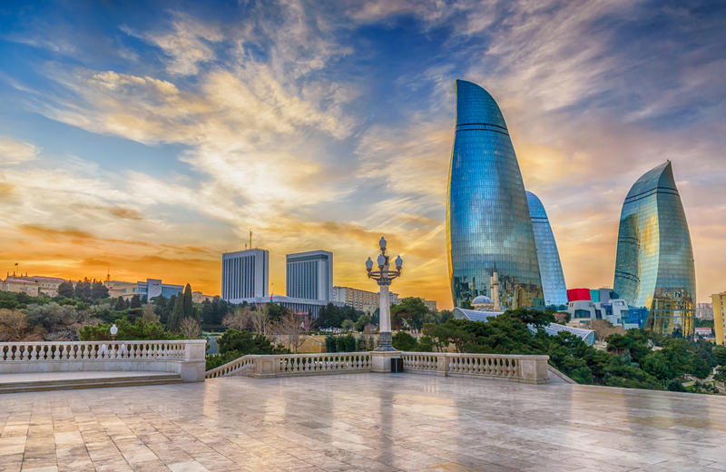 Tall buildings in Baku at sunset
