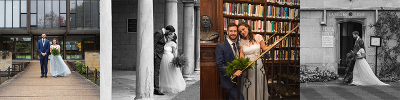 A montage of four photos from the wedding of Alex Woods and Zoe de Toledo, with the bride and groom stood in different colleges