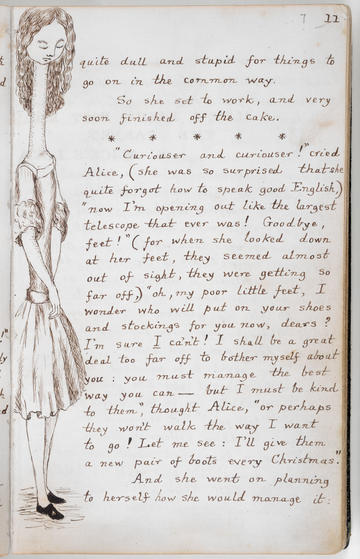 Manuscript page from Alice's Adventures in Wonderland - showing her having grown hugely in height like 'a telescope'