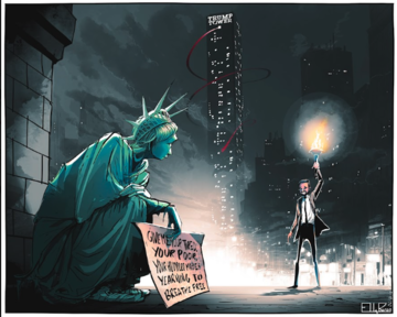 Cartoon by Ella Baron depicting the New York Mayor standing with a torch besides a Statue of Liberty crouching in semi-despair, Trump Tower in the background