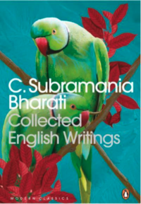 'Collected English Writings' by C. Subramania Bharati, depicting two green parakeets on a branch