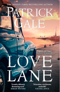 Book cover for 'Love Lane', showing a Morris Minor on a quayside with a sunset in the backdrop